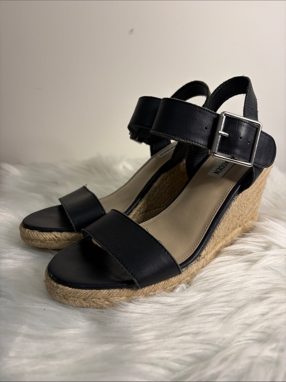 Steve Madden Black Leather Espadrille Wedge Sandals Size 7.5